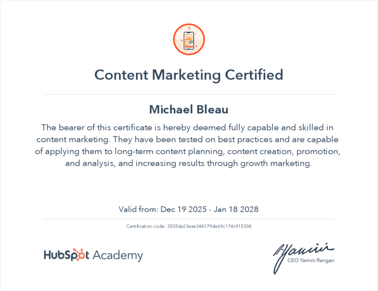 A formal training certificate from Visible Edge Institute certifying that Michael Bleau has completed coursework in Digital Marketing and Web Design. The certificate lists completed courses including digital marketing, content marketing, AI and marketing automation, portfolio development, and WordPress Essentials. It features the Visible Edge logo, a subtle background illustration of a humanoid robot and mechanical components symbolizing technology and innovation, and is signed by the President of Visible Edge. The certificate is dated January 6, 2026, and includes an official certificate ID and the institute’s contact information.