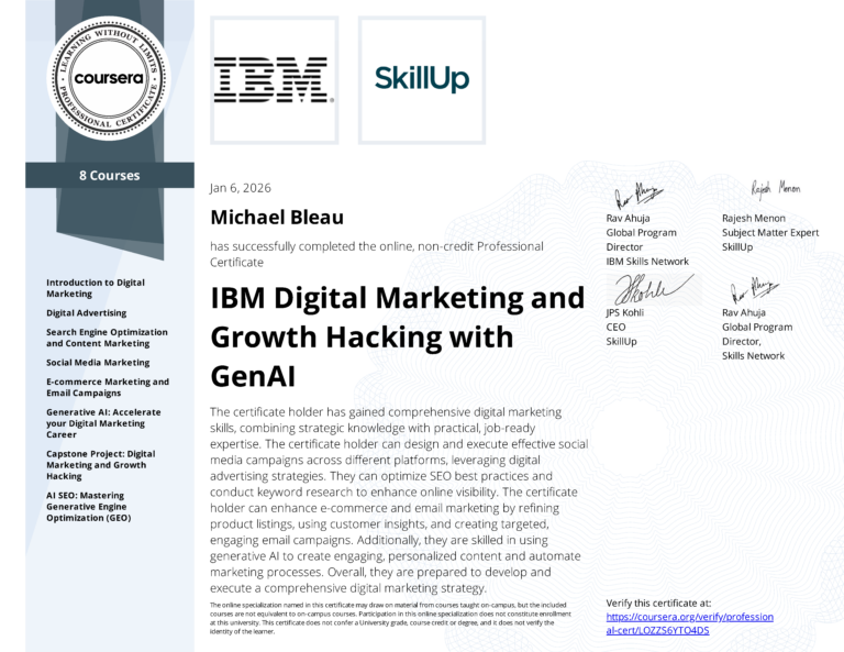 IBM Digital Marketing and Growth Hacking with GenAI professional certificate earned by Michael Bleau